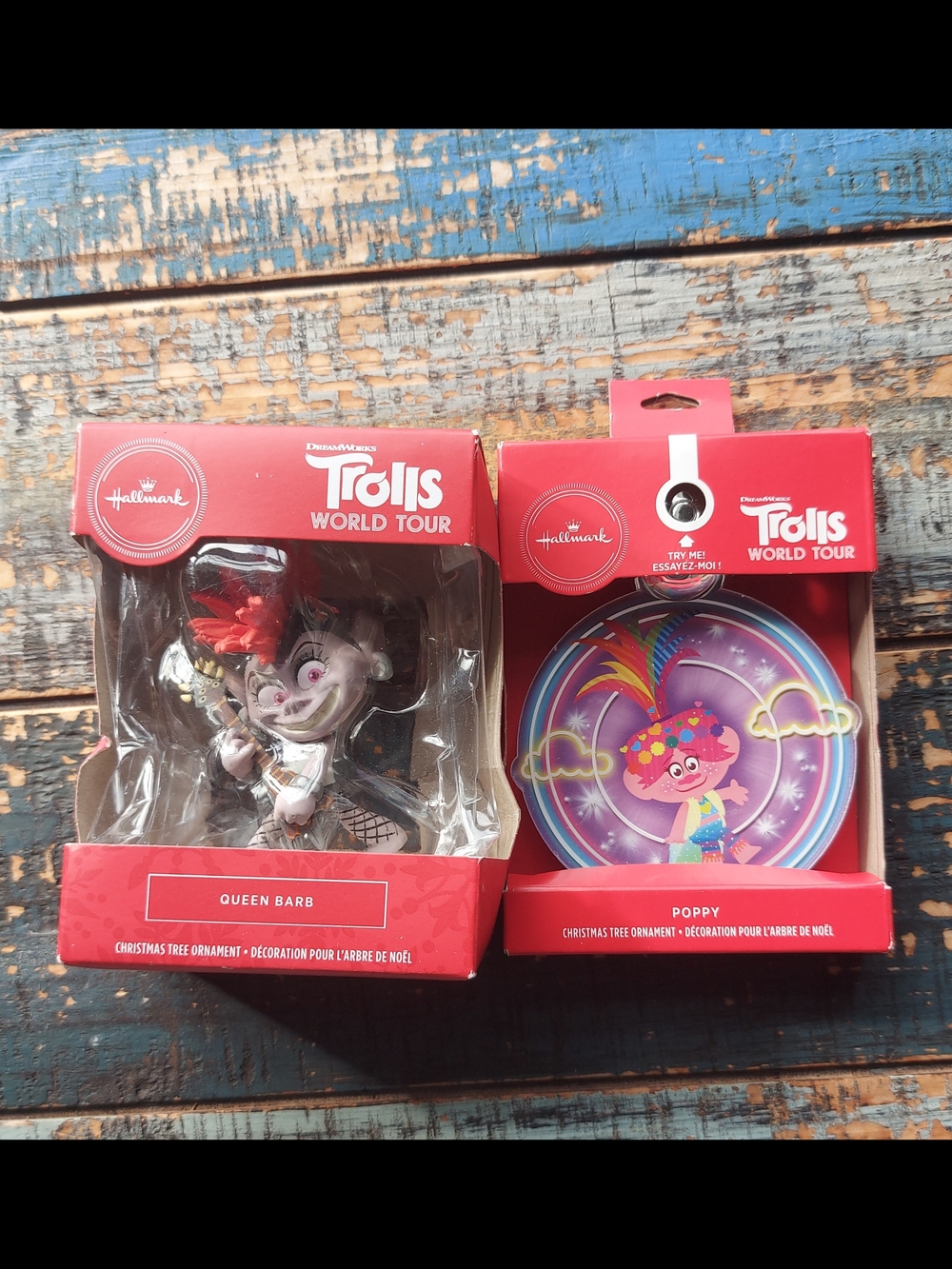Hallmark Trolls World Tour Poppy & Queen Barb Ornament Set - Red, Pink, Purple